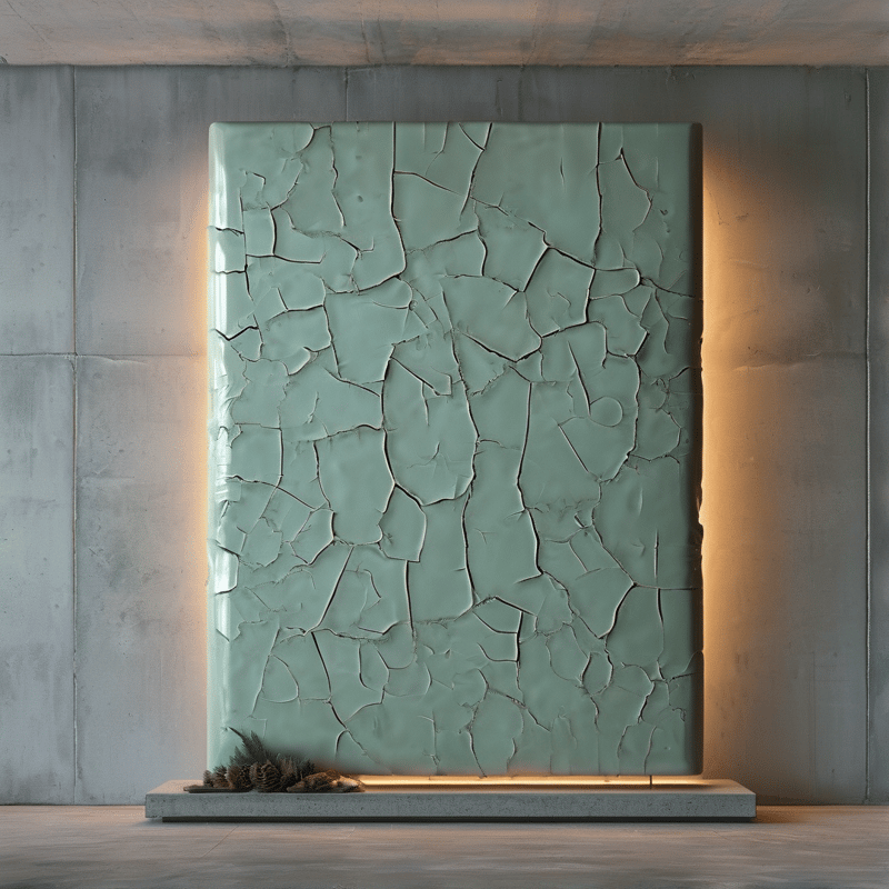 A pale green ceramic wall panel covered in a network of crazed cracks is softly backlit against raw concrete.