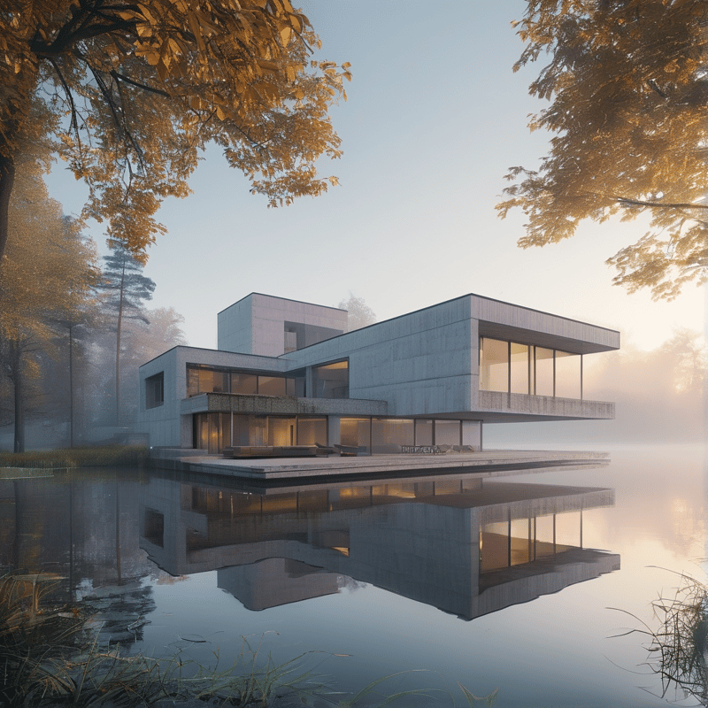A modern concrete residence stands on a pier surrounded by foggy trees and calm reflective water.