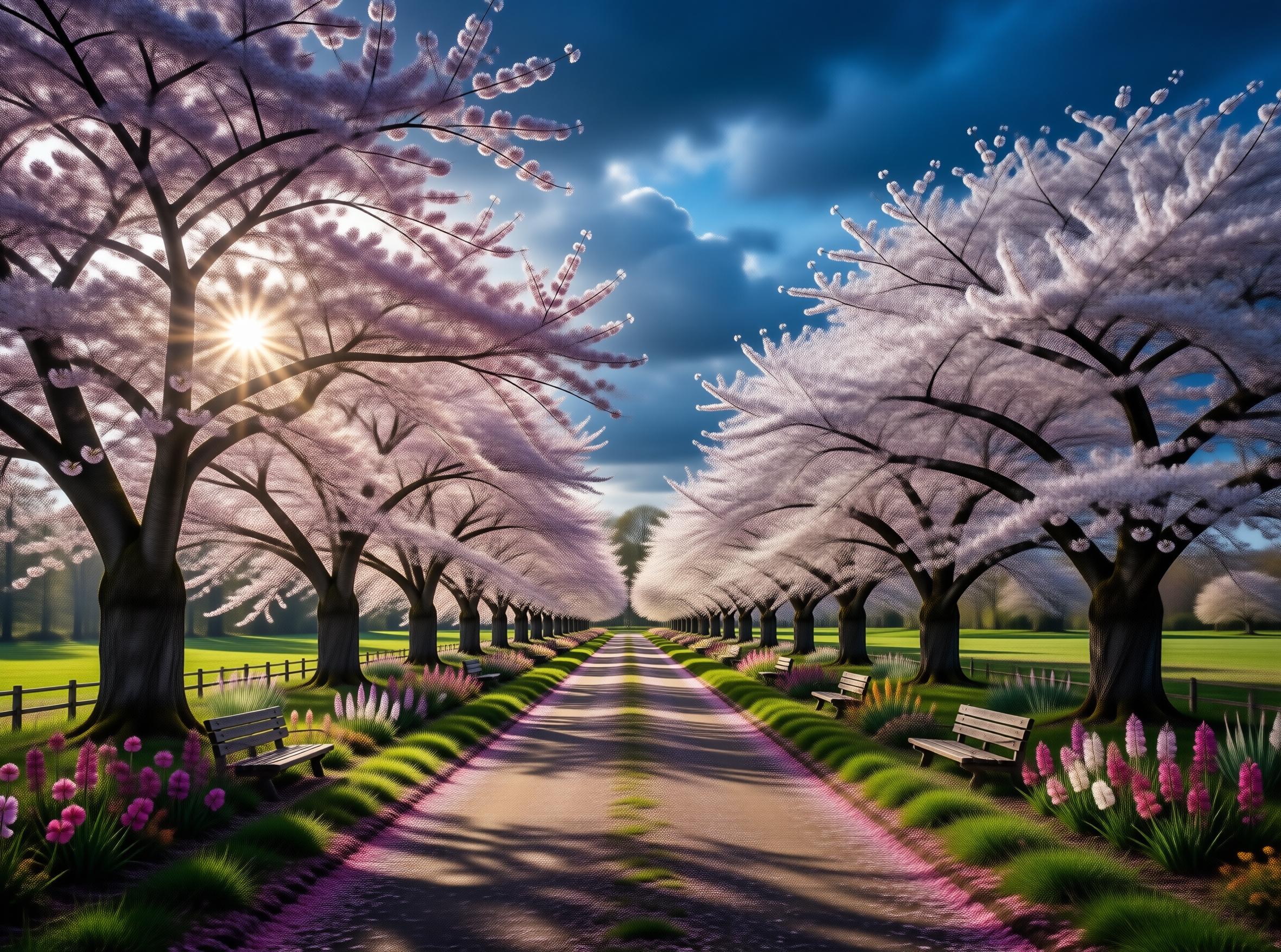 Sunlit Cherry Blossom Path