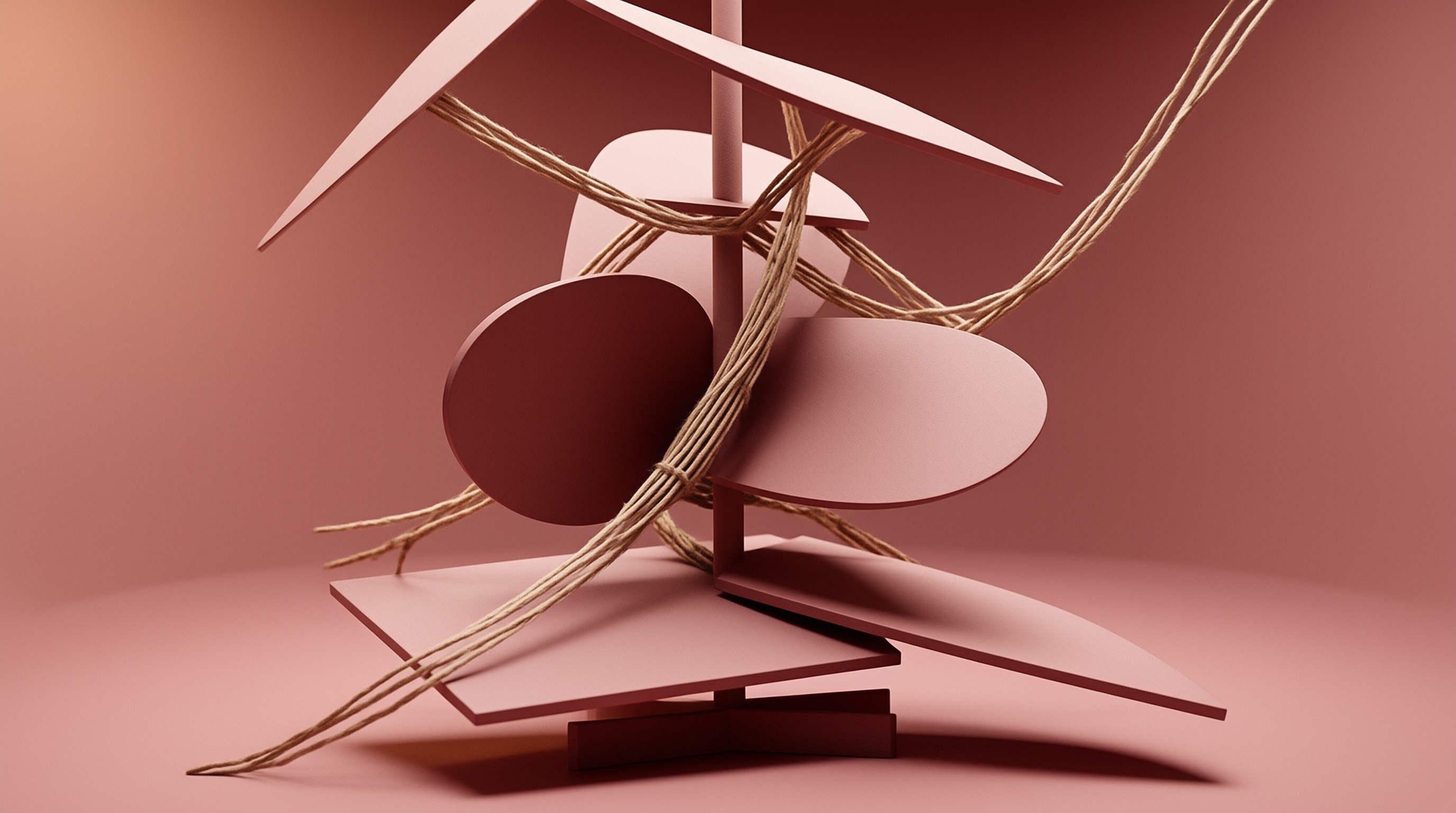 An abstract sculpture made of flat red planes and rope stands against a matching terracotta background.
