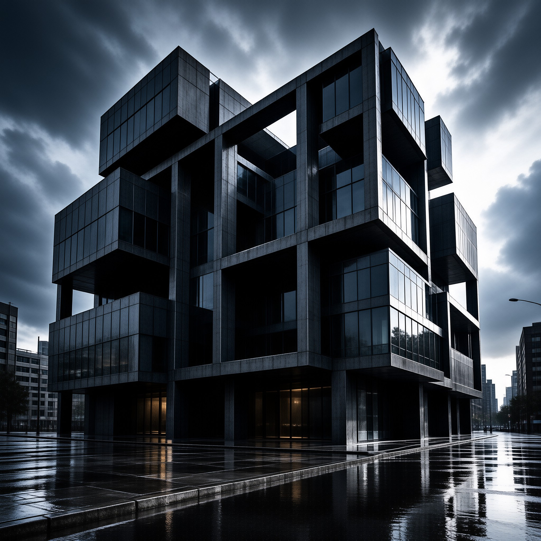 Geometric concrete architecture rises above a rain-slicked plaza beneath heavy dark clouds.