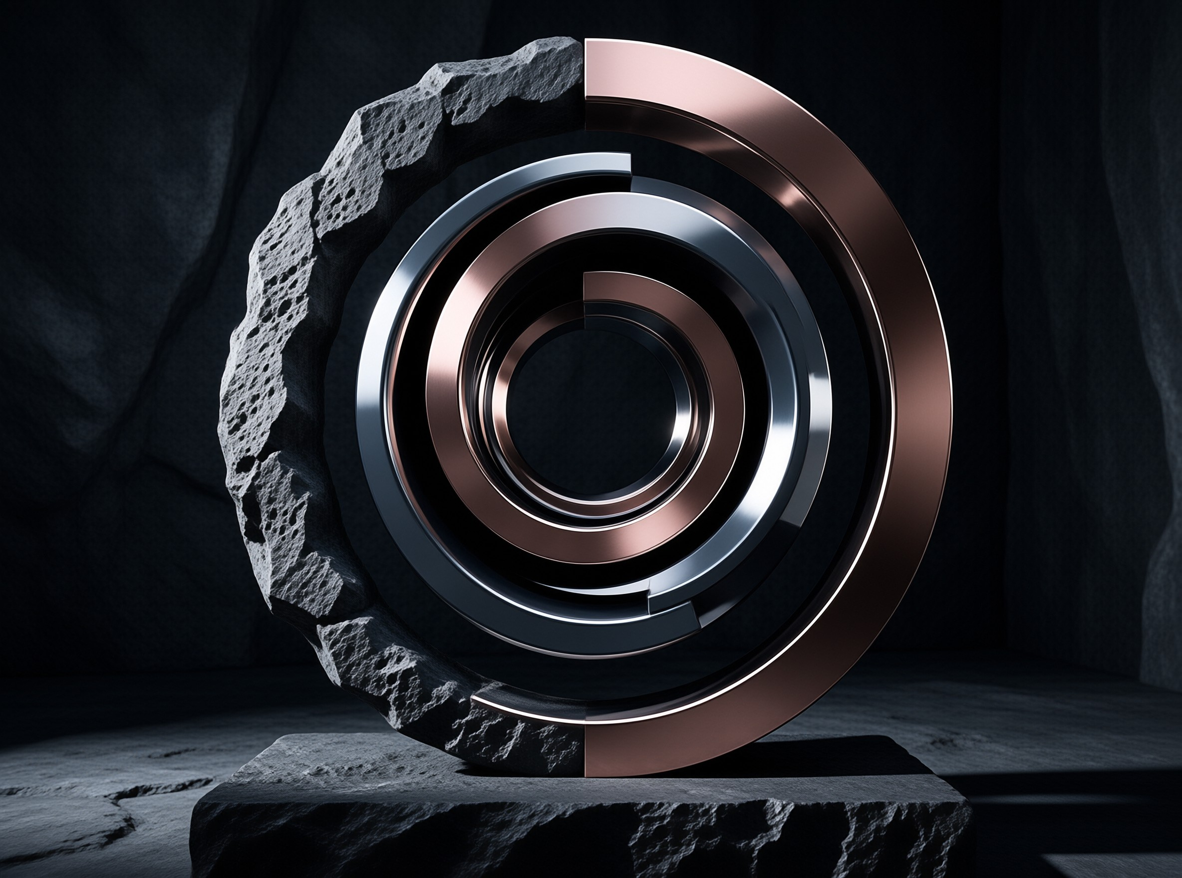 A split circular piece of rough porous stone and polished rose gold and silver concentric rings sits on a dark stone plinth in a dim moody room.