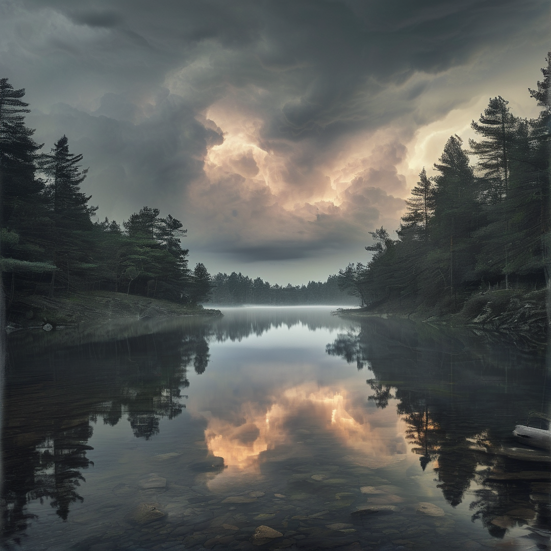 A calm river mirrors the dramatic sky where sunlight breaks through dark clouds above dense pine forests.
