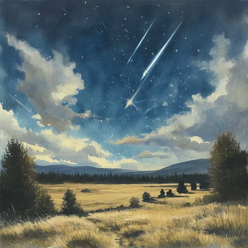 A painted landscape of amber grassland and dark pines beneath a deep blue sky lit by a radiant shooting star trailing light.