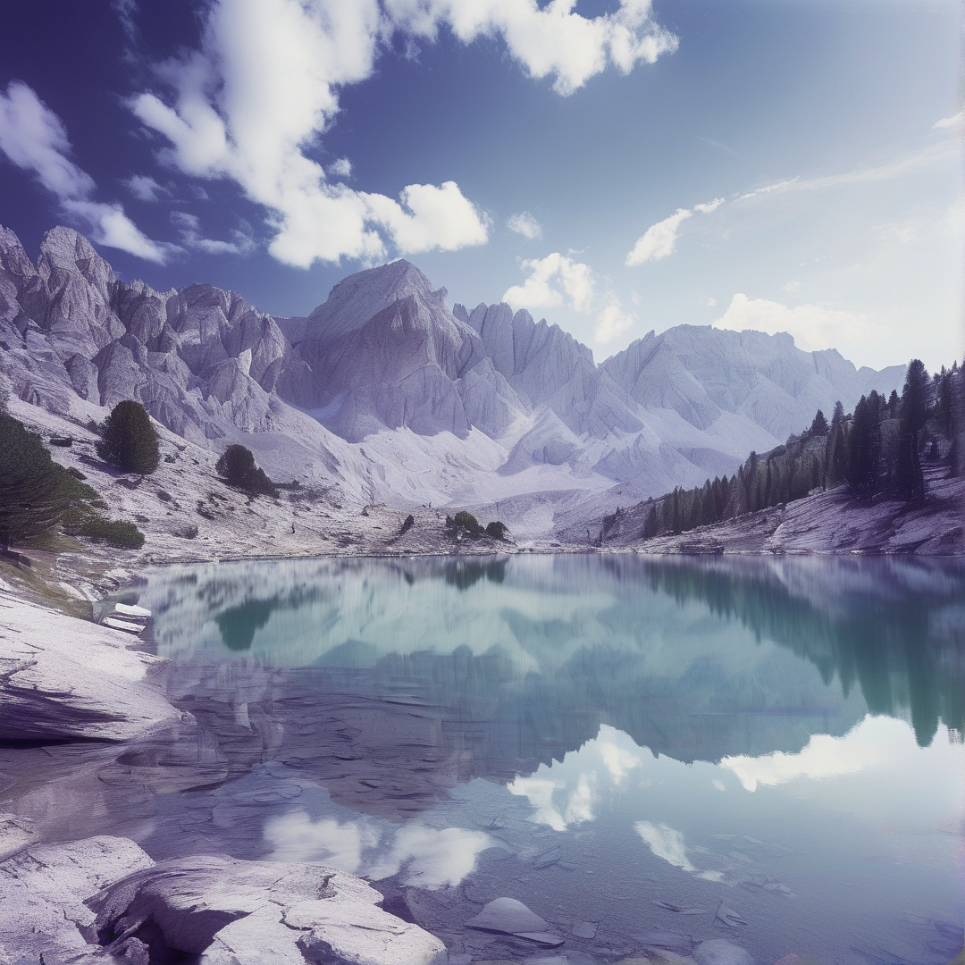 Steep jagged limestone peaks rise above a calm turquoise lake that mirrors the peaks and bright partly cloudy sky