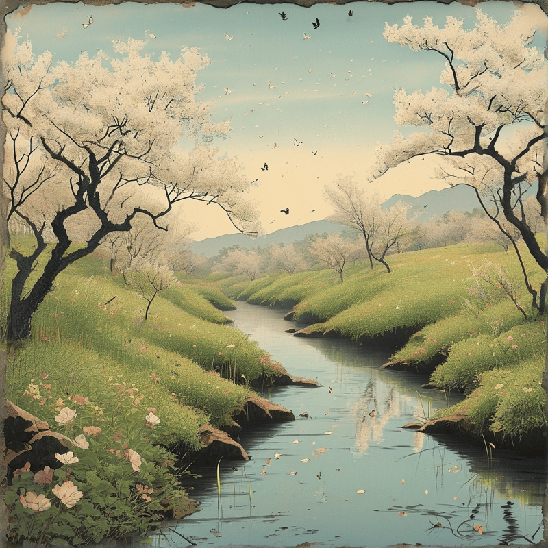 A stream meanders through green grassy banks lined with blooming white trees under a pale sky.
