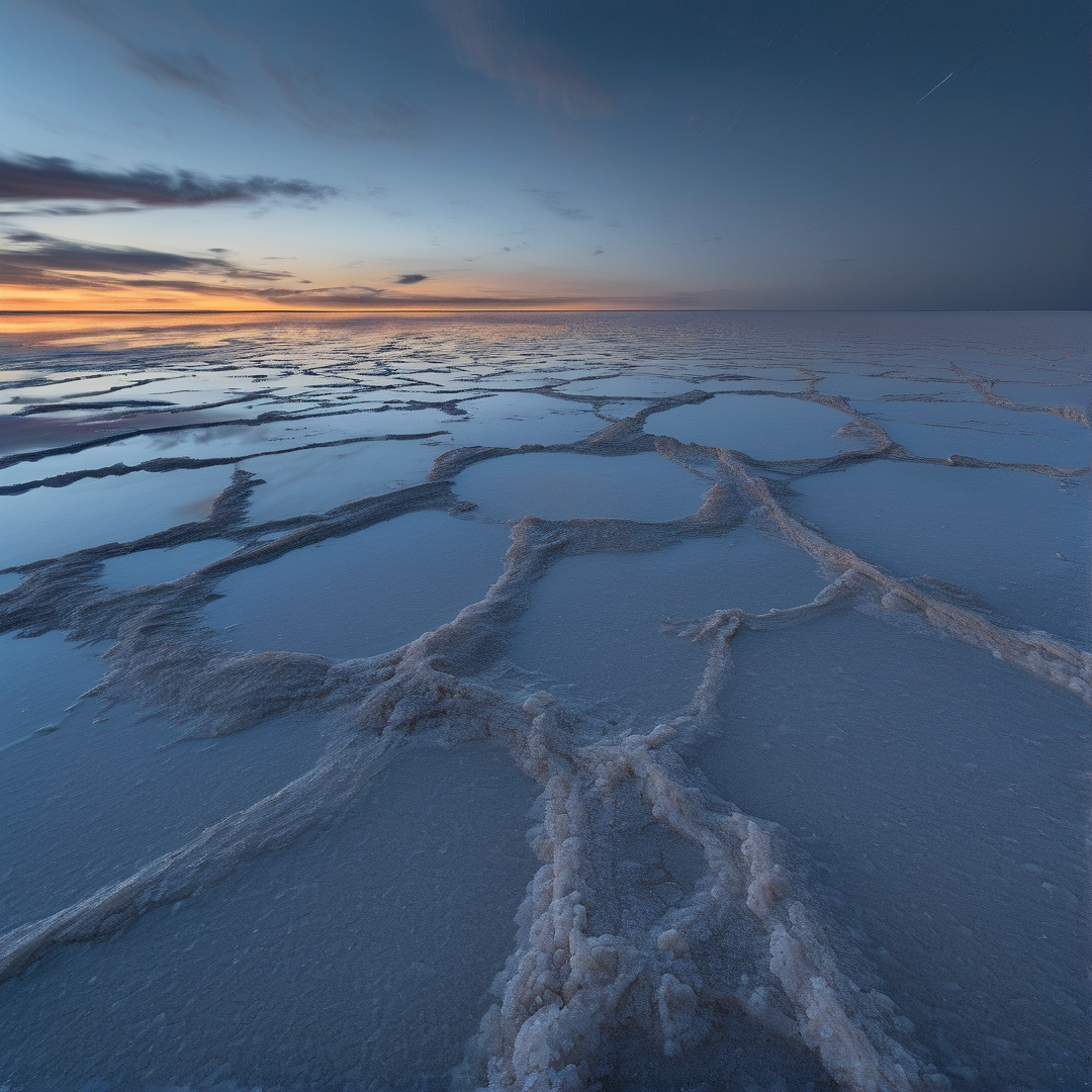 Cracked white salt ridges form a web across a flat landscape reflecting the blue sky and orange sunset glow at the horizon.