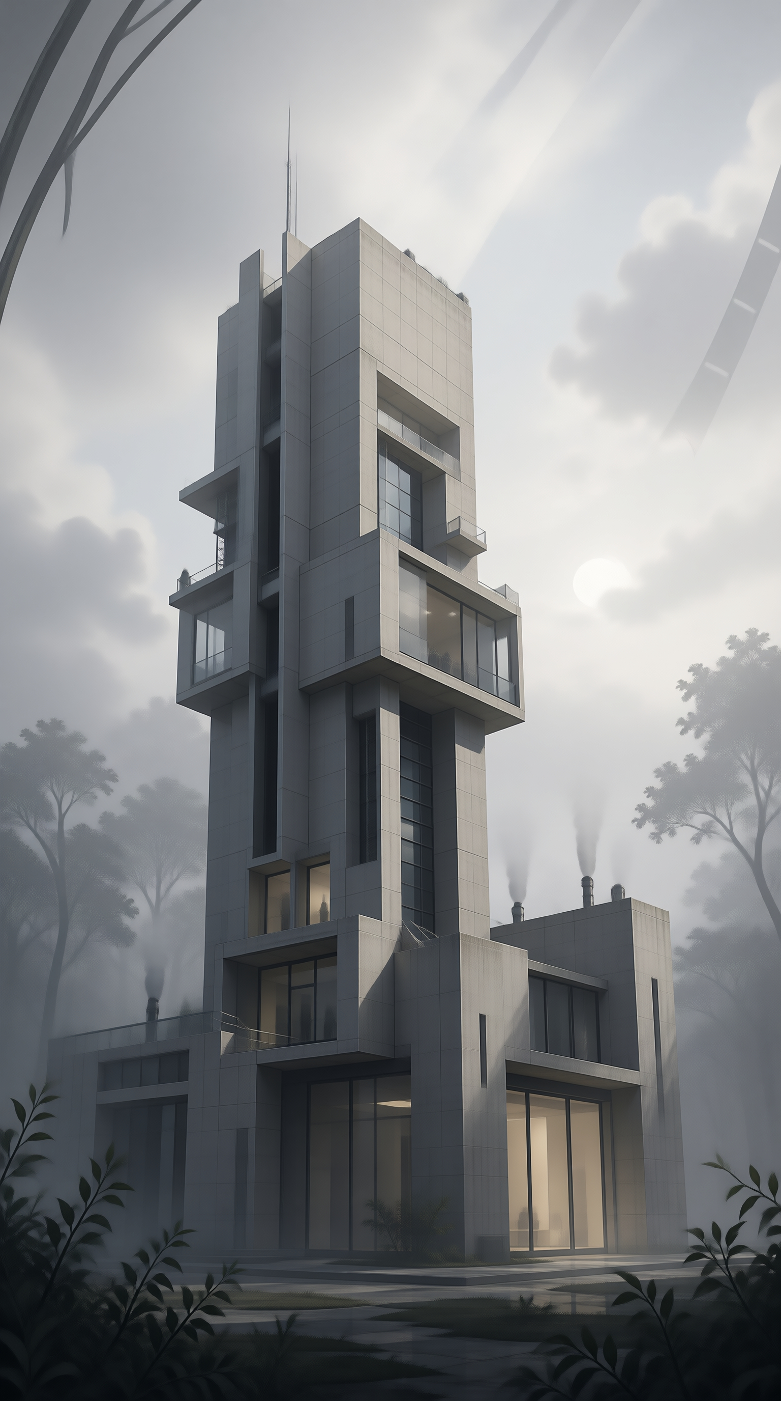 Modern Concrete Tower in Mist