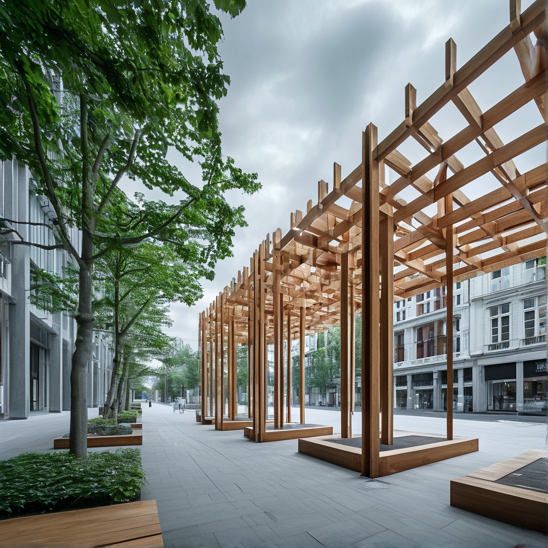 A long wooden pergola structure stands in a wide city plaza next to green trees and buildings under an overcast sky.