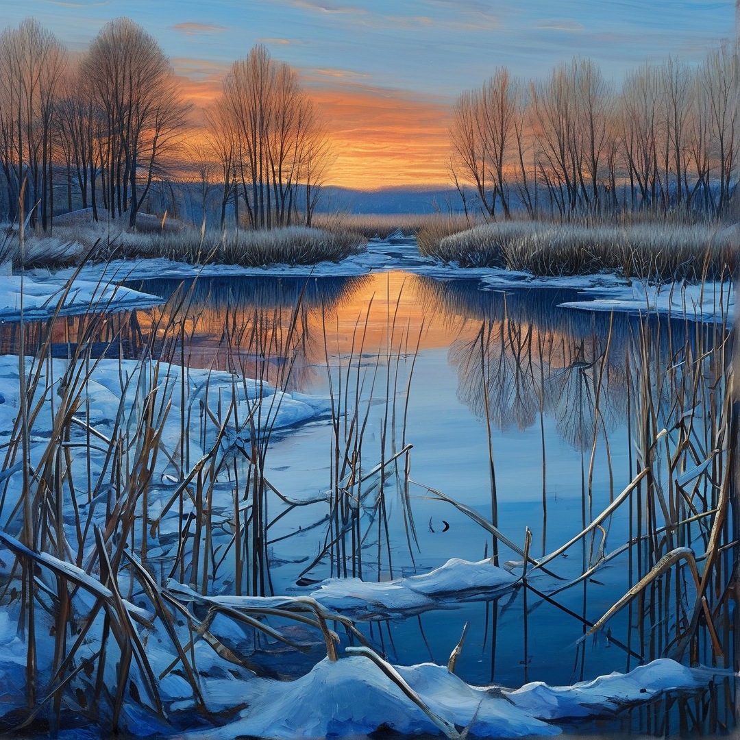 A partially frozen river winds through a snowy forest while the water reflects the orange and blue twilight sky.