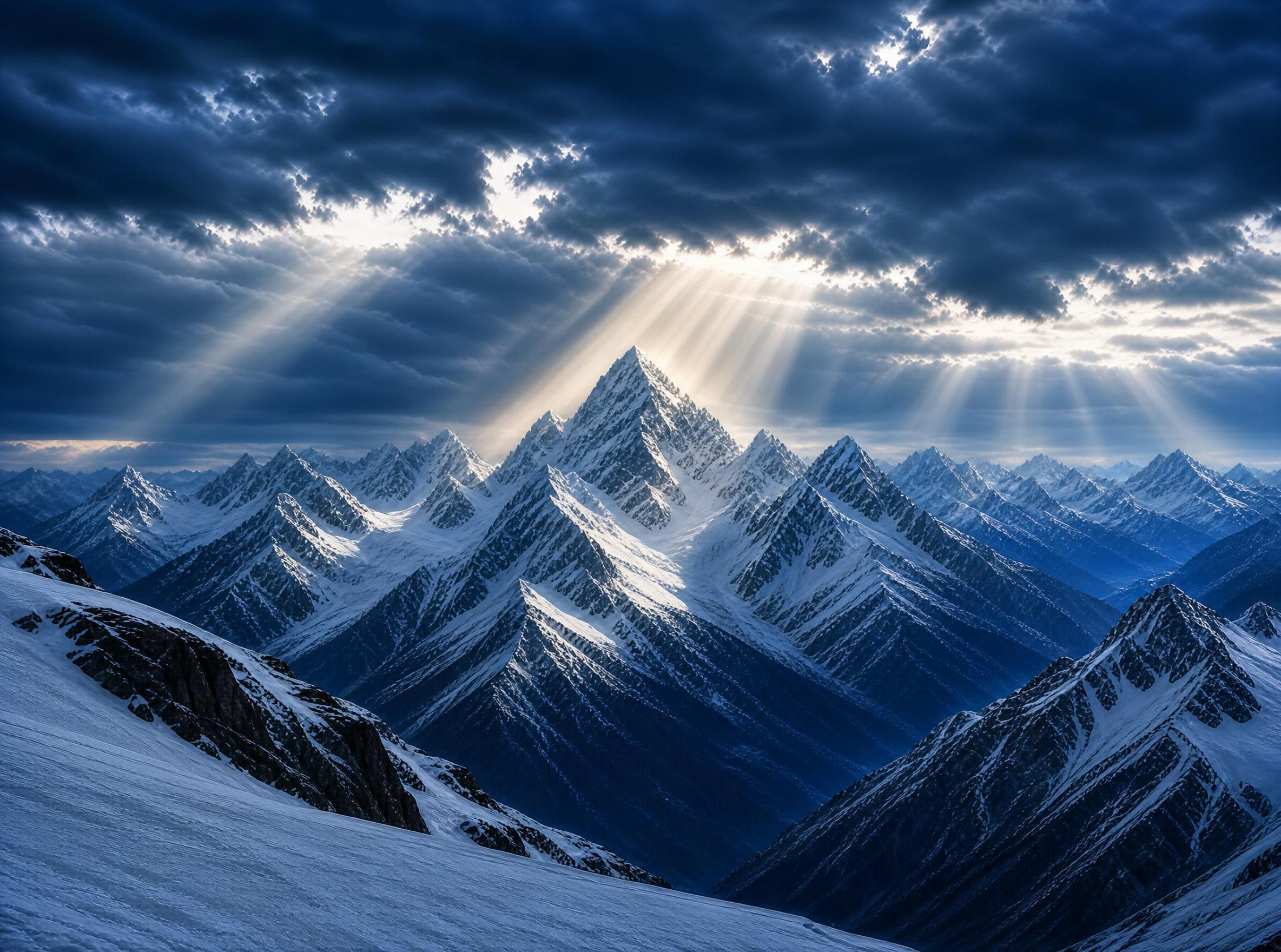 Sunlight Over Snowy Peaks