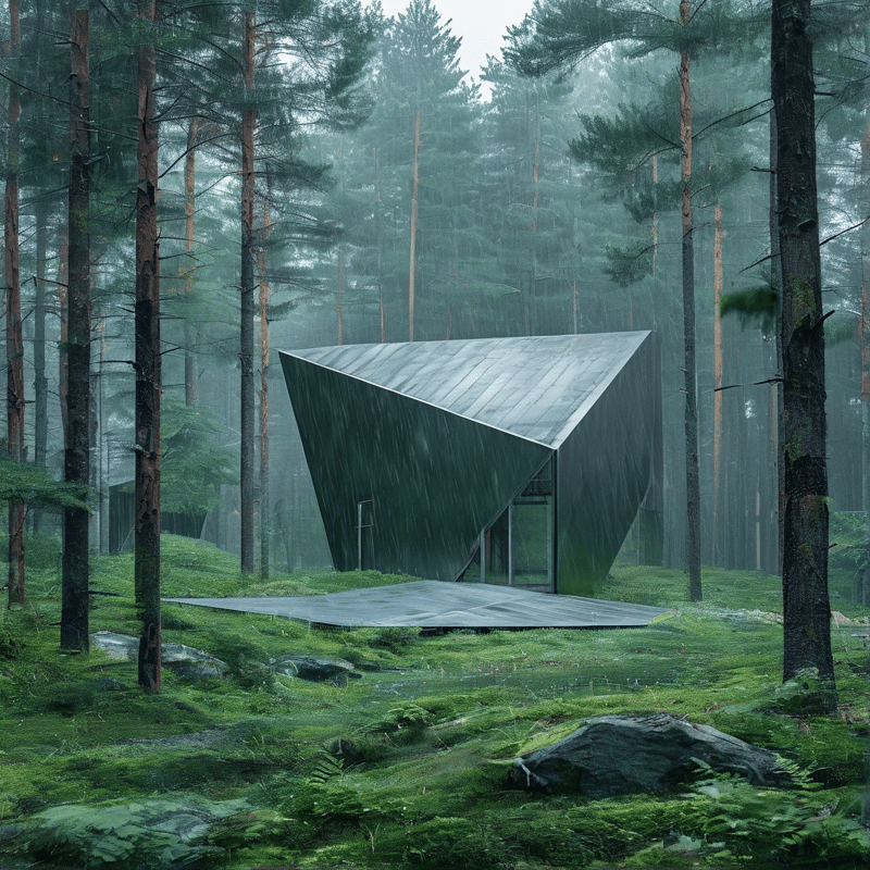 A sharp geometric building stands alone in a foggy forest surrounded by tall trees and mossy ground.