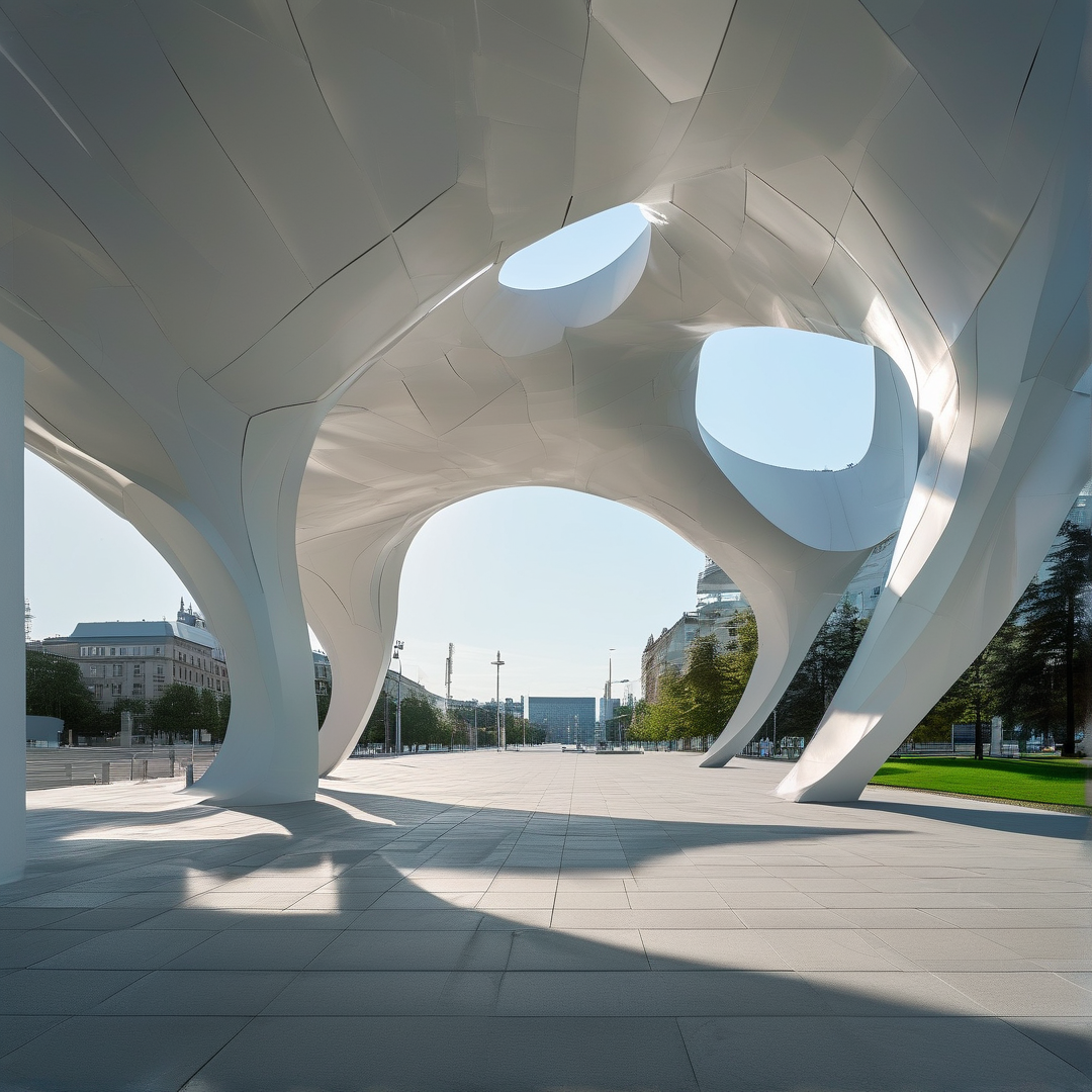 A large white architectural canopy casts sharp shadows on the paved ground of a public square.