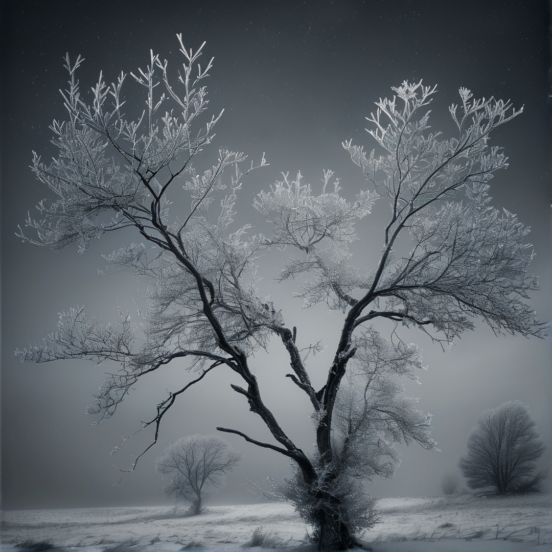 A stark tree with white frozen branches rises above a misty snowy plain.