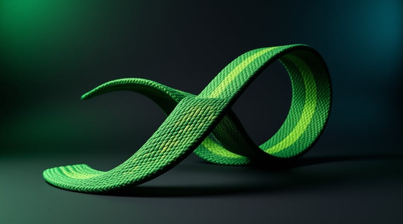 A bright green fabric strap with stitched texture curls into a loose loop against a moody teal studio setting.