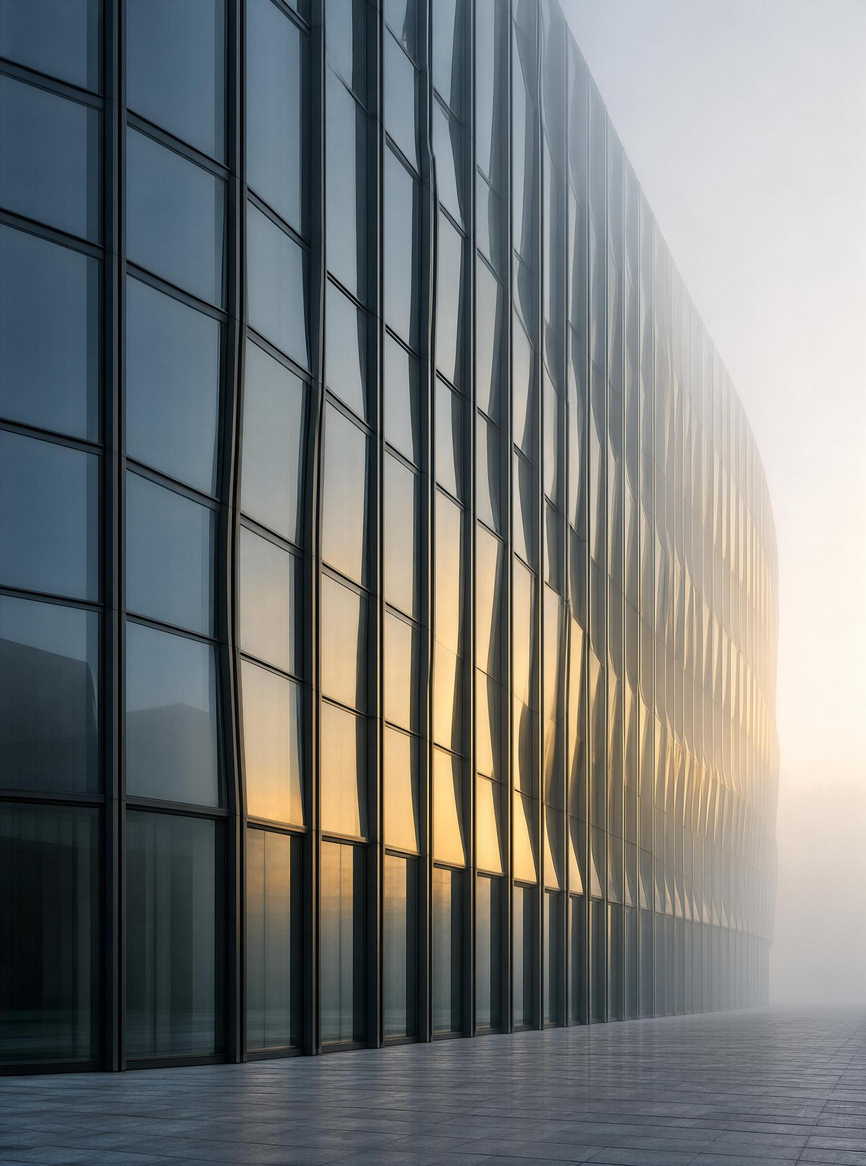 Wave-Shaped Glass Building at Dawn
