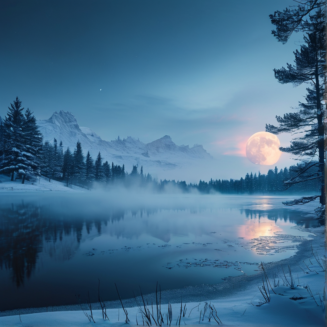 Winter Moon Over Frozen Lake