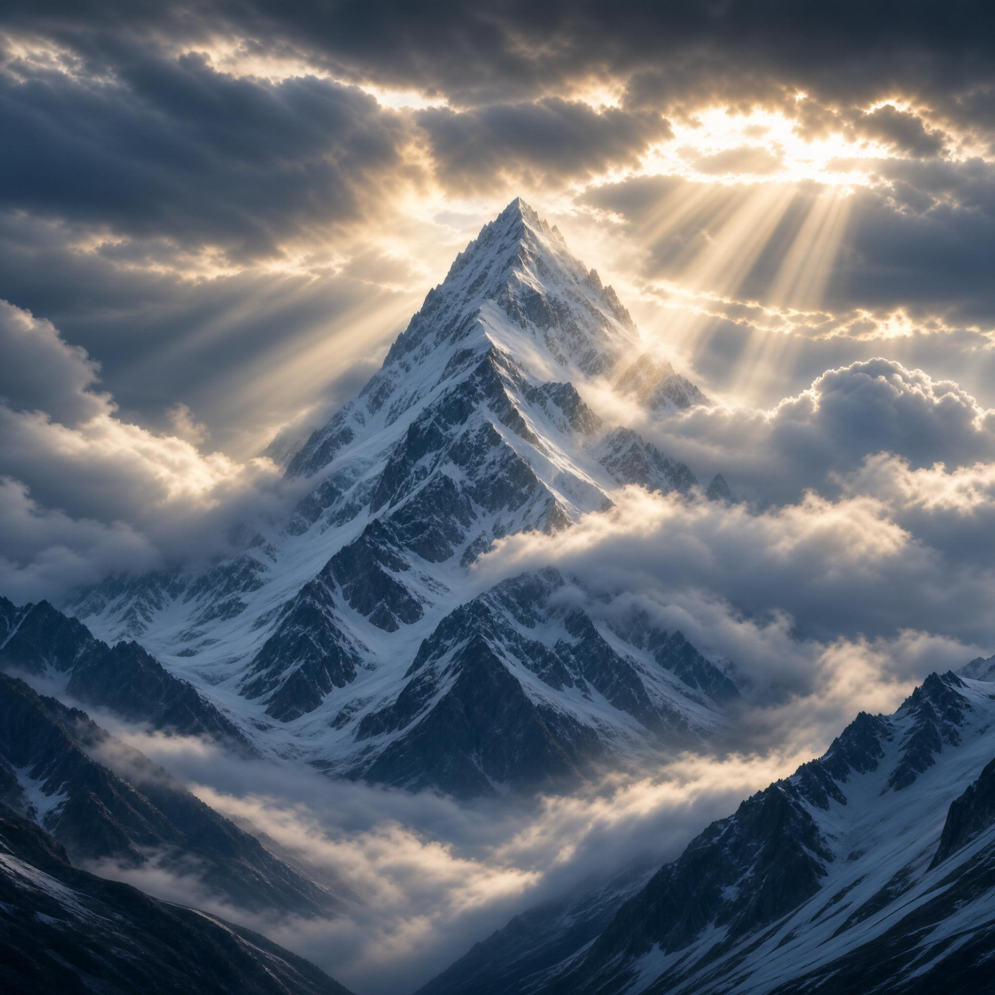 Snow-Capped Peak with Sunbeams