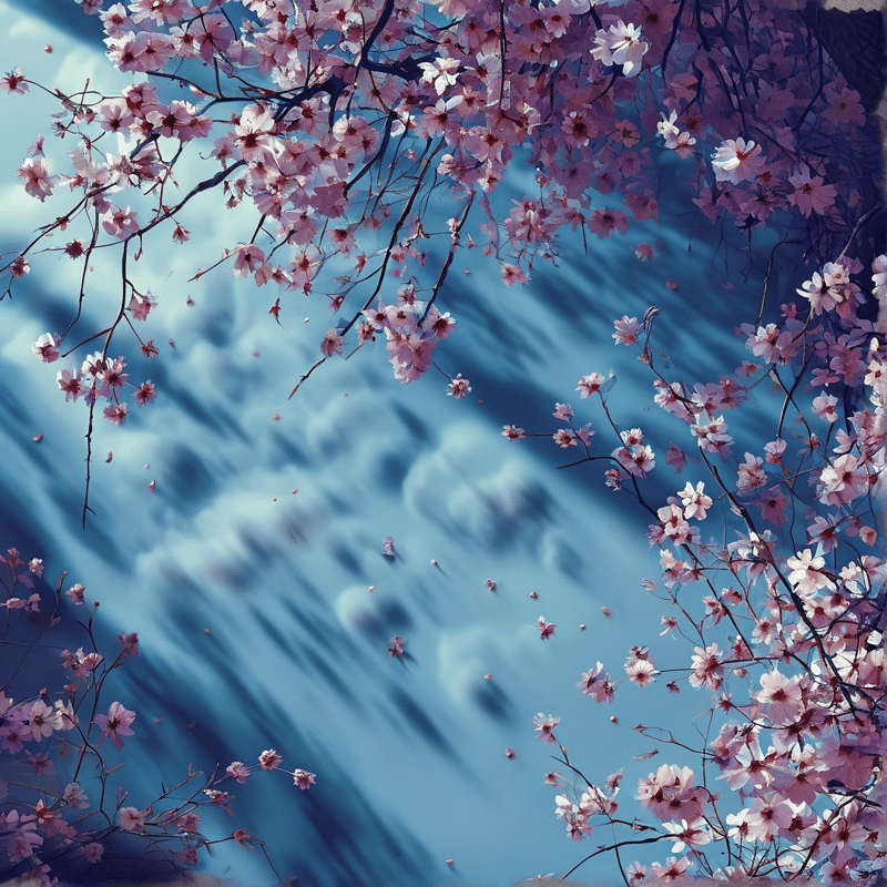 Pink sakura branches arch above a soft blue surface of gently rippling water in spring light.