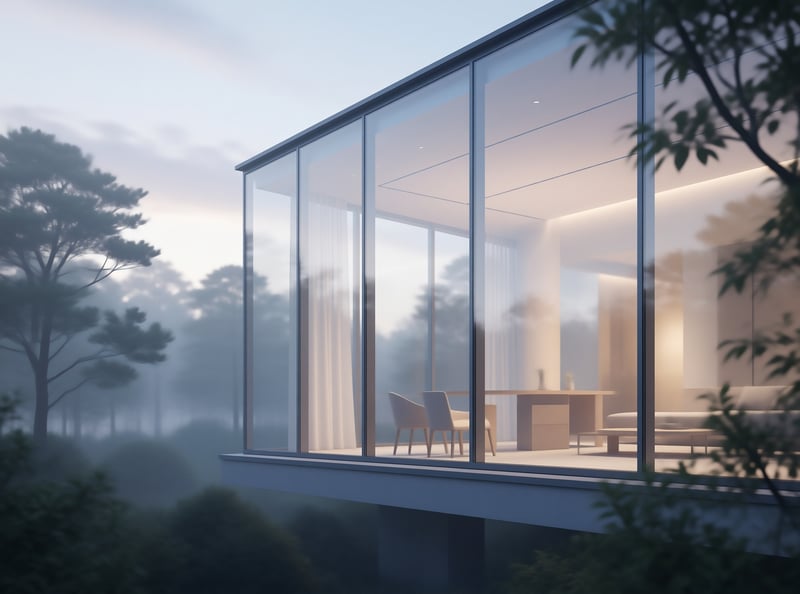 Glass Pavilion in Misty Forest
