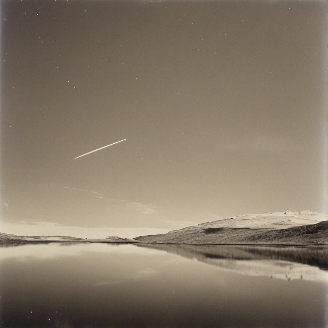 A bright streak moves across a sepia sky above a lake reflecting snowy hills.