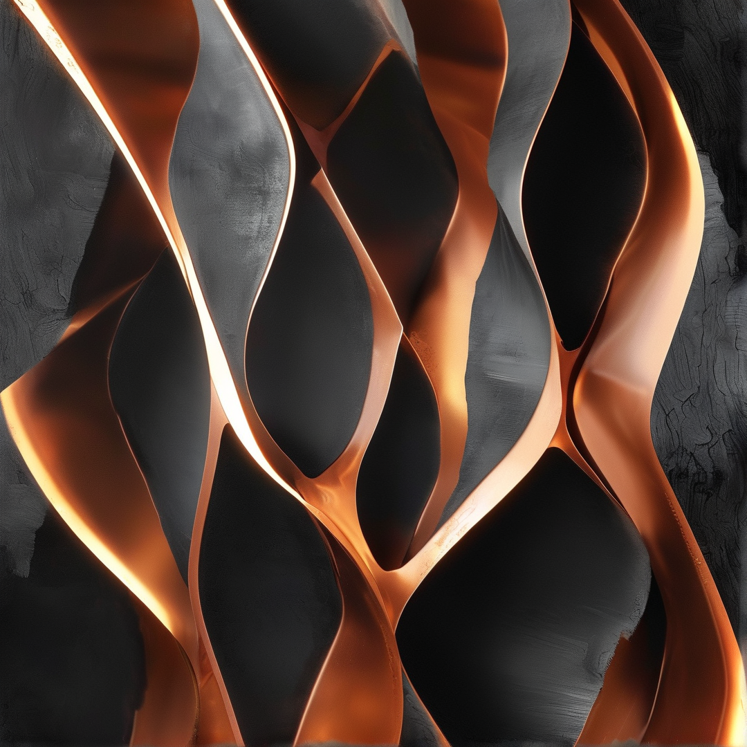 Abstract glossy copper shapes wave vertically against a rough dark stone background with strong highlights.