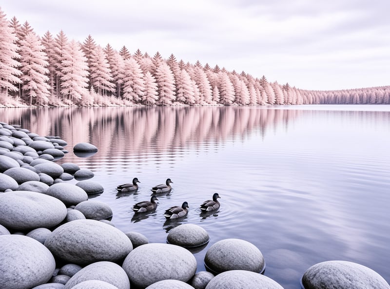 Five ducks swim across a glassy lake bordered by smooth stones and snow-laden evergreens under soft pink light.