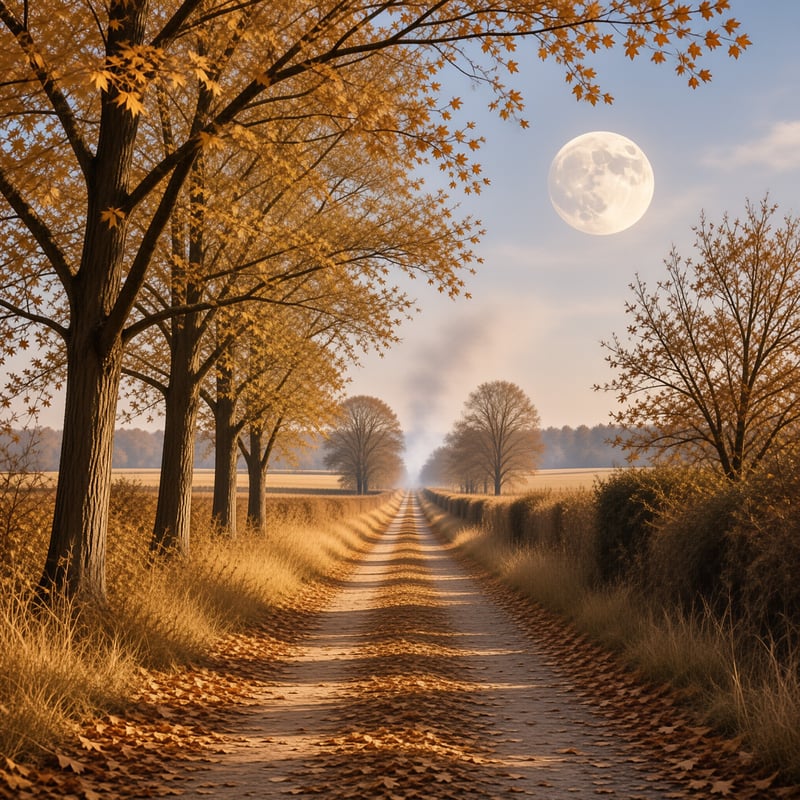 A straight dirt path covered in fallen leaves stretches toward the horizon between rows of yellowing trees under a large full moon.