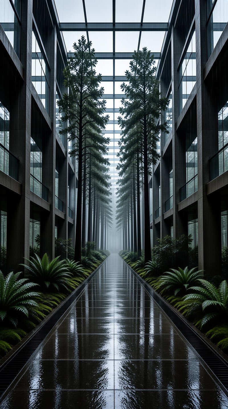 Tall coniferous trees stand along a slick wet pathway inside a transparent building with foggy distance.