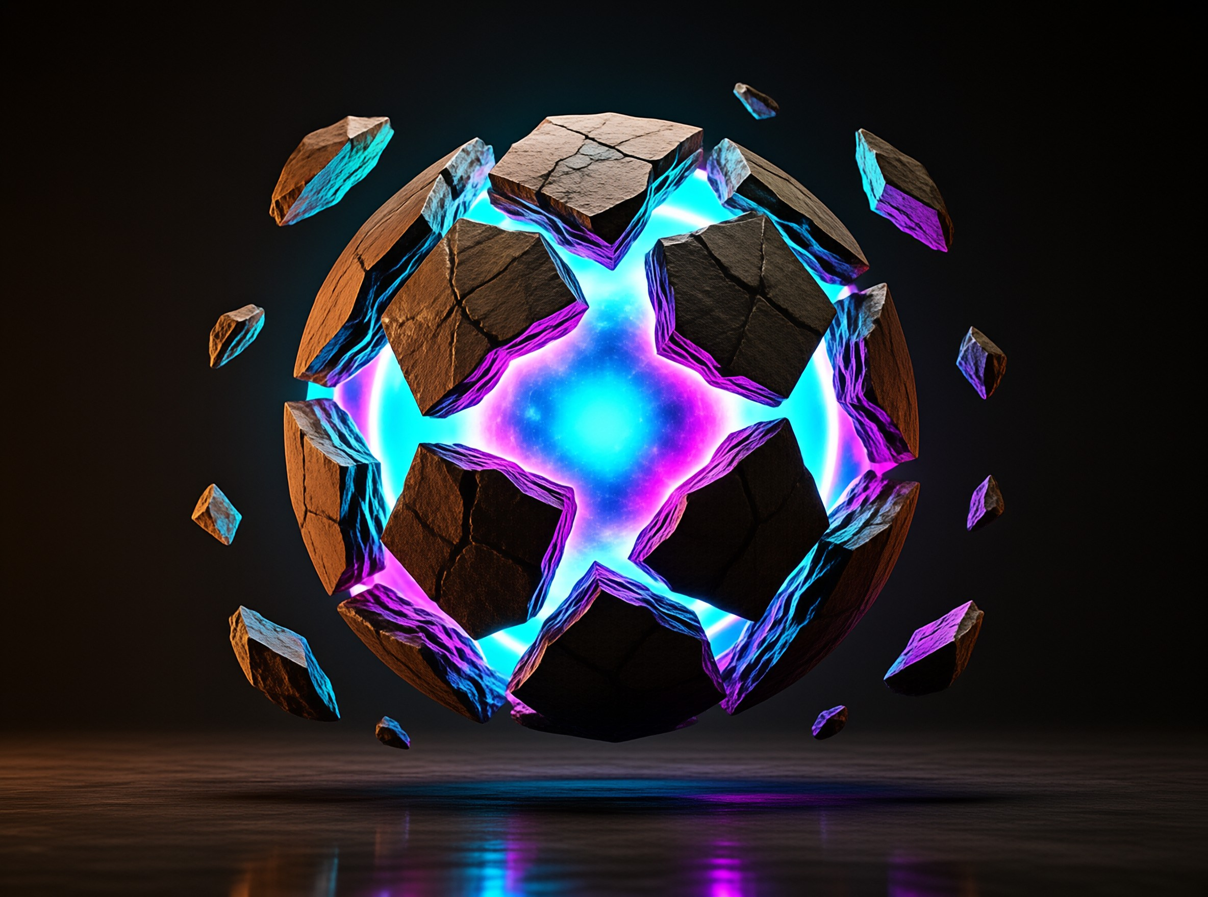 A fragmented rock sphere hovers in a dark space while vibrant blue and purple energy leaks from its fissures.