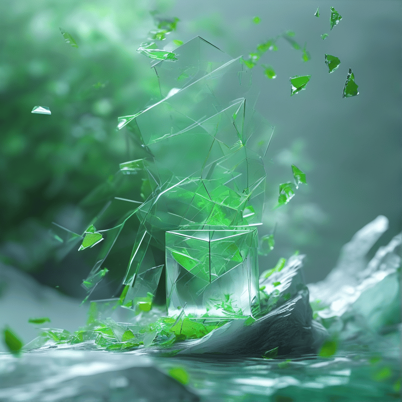A geometric green glass object disintegrates into sharp shards above a rippling aquatic surface surrounded by blurred foliage.