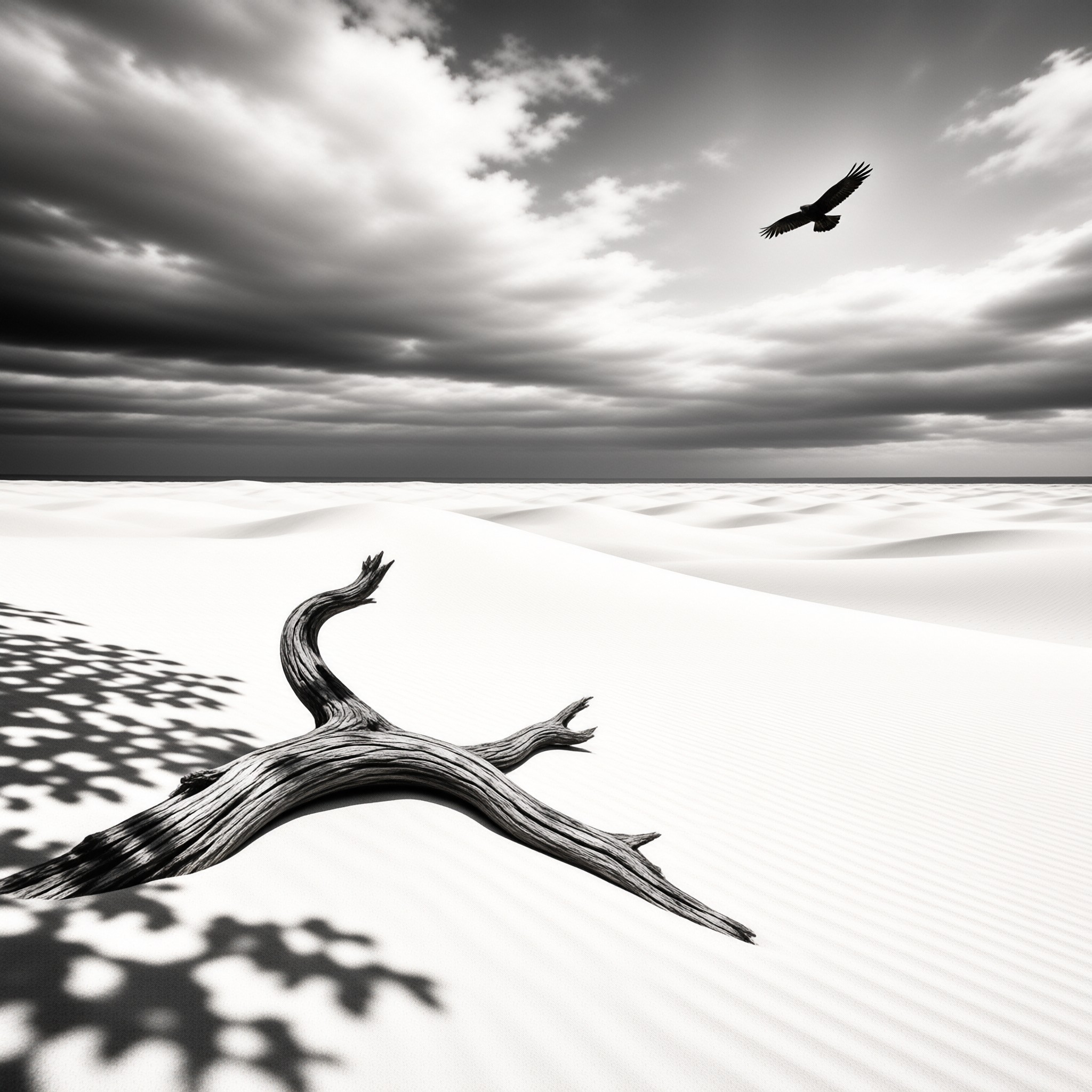 A twisted weathered driftwood rests on pale desert dunes while a raptor flies across a dramatic overcast black and white sky.