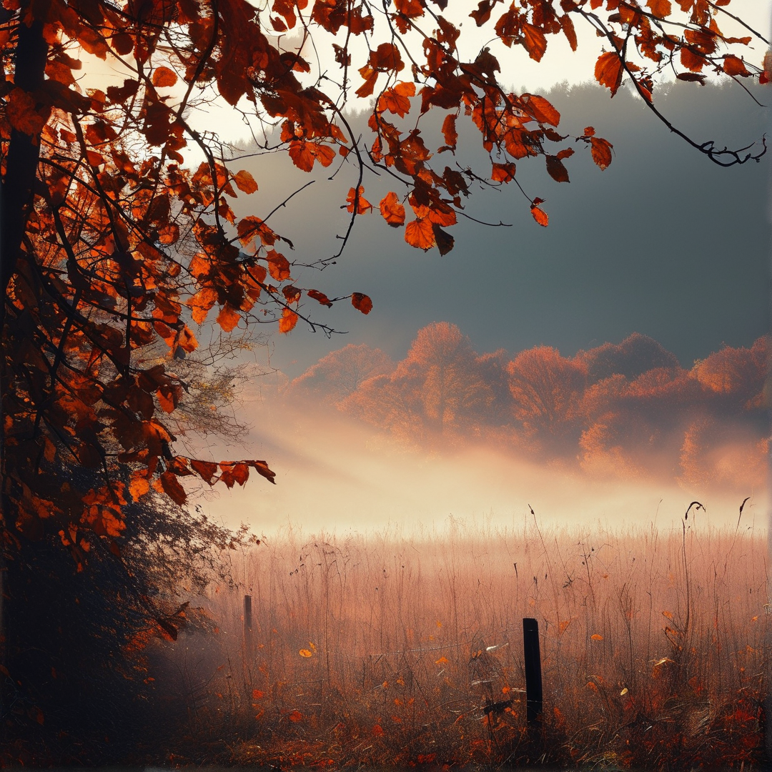 Orange autumn leaves hang in the foreground while sun rays cut through the fog over a grassy meadow.