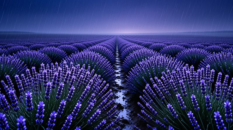 Wet lavender rows reflect the dim light under a dark sky while rain streaks down toward the distant horizon.
