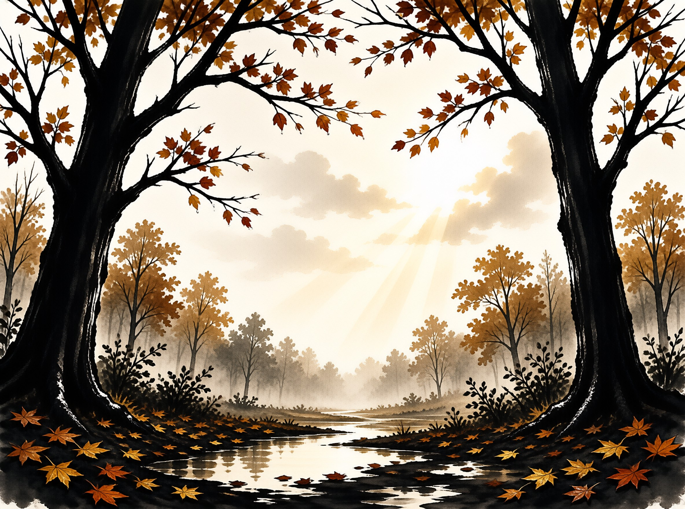 Dark autumn trees flank a shallow creek as golden leaves scatter the banks and sunbeams pour through the clouds above.