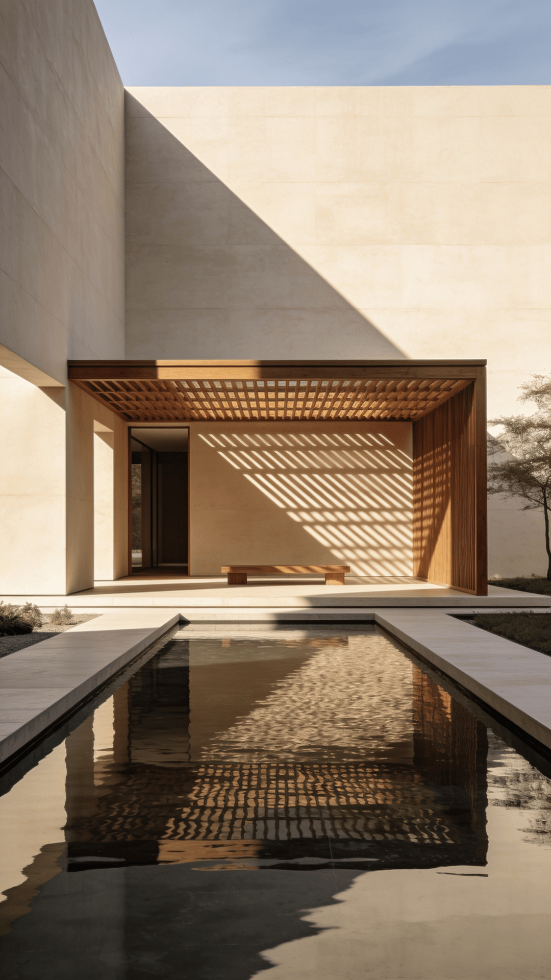 Pavilion with Wooden Lattice — Reflecting Pool