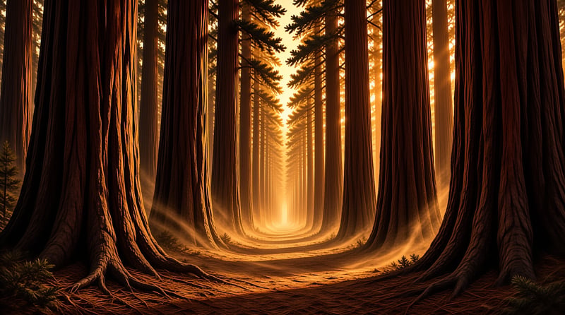 Symmetrical tree trunks frame a forest path glowing with intense golden sunlight and mist.