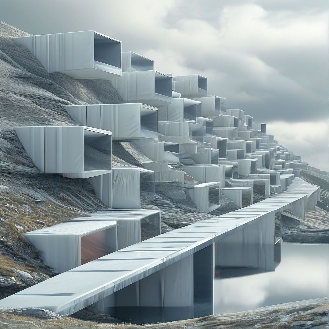 White rectangular modules stack down a rugged hillside under a cloudy sky near a calm body of water.