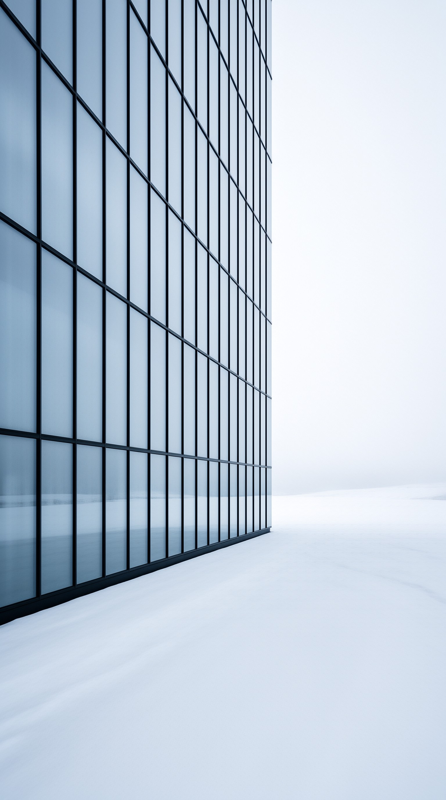 A minimalist glass facade building stands beside an endless snow field under a soft and pale overcast sky