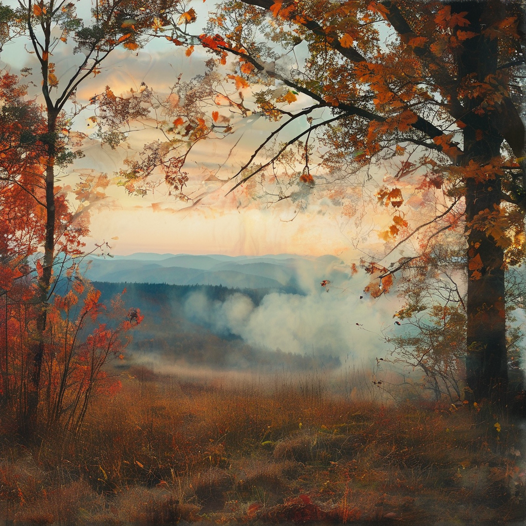Orange foliage frames a valley where thick fog rolls over hills toward distant blue mountains under soft morning light.