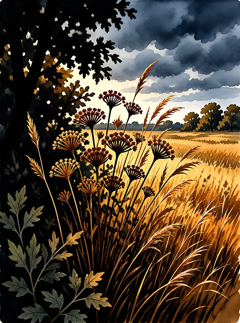 Foreground wildflowers and tall reeds are backlit by a warm sunset while dark clouds gather over a distant tree line.