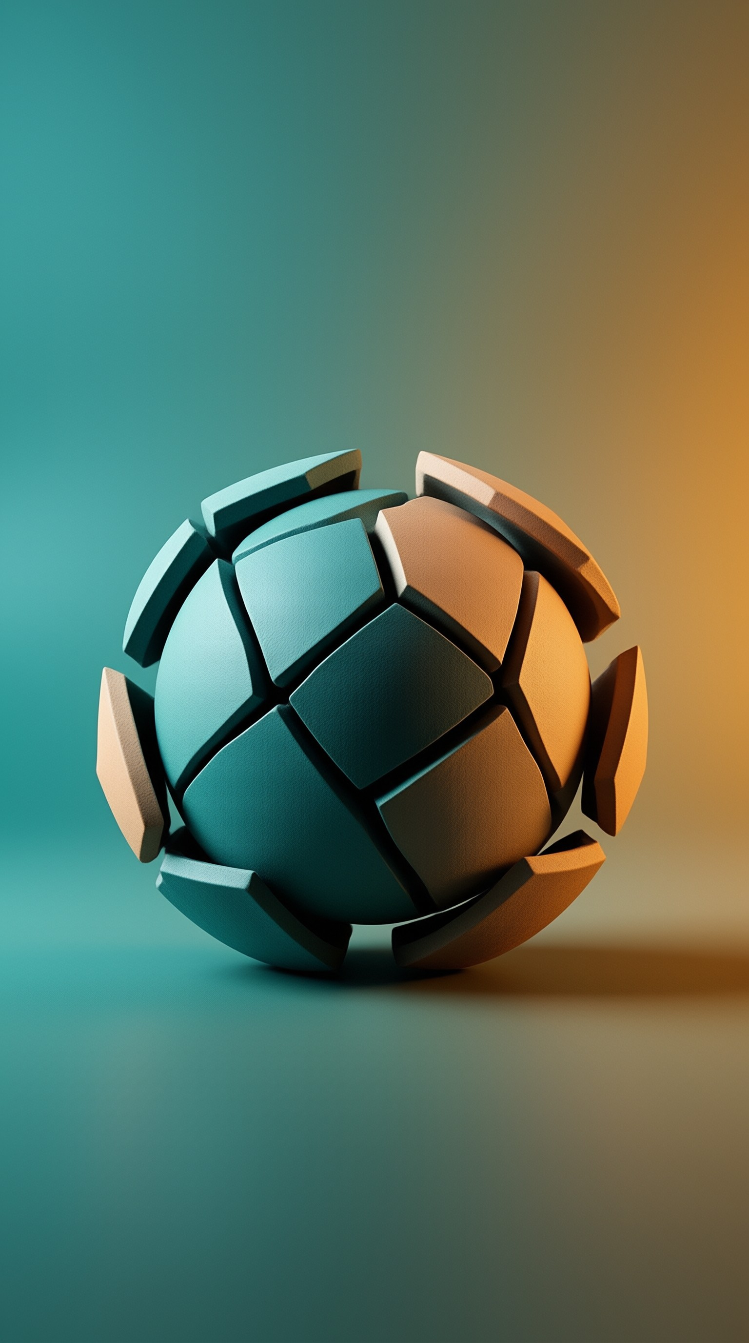 A fragmented sphere rests on a surface under teal and orange gradient lighting.