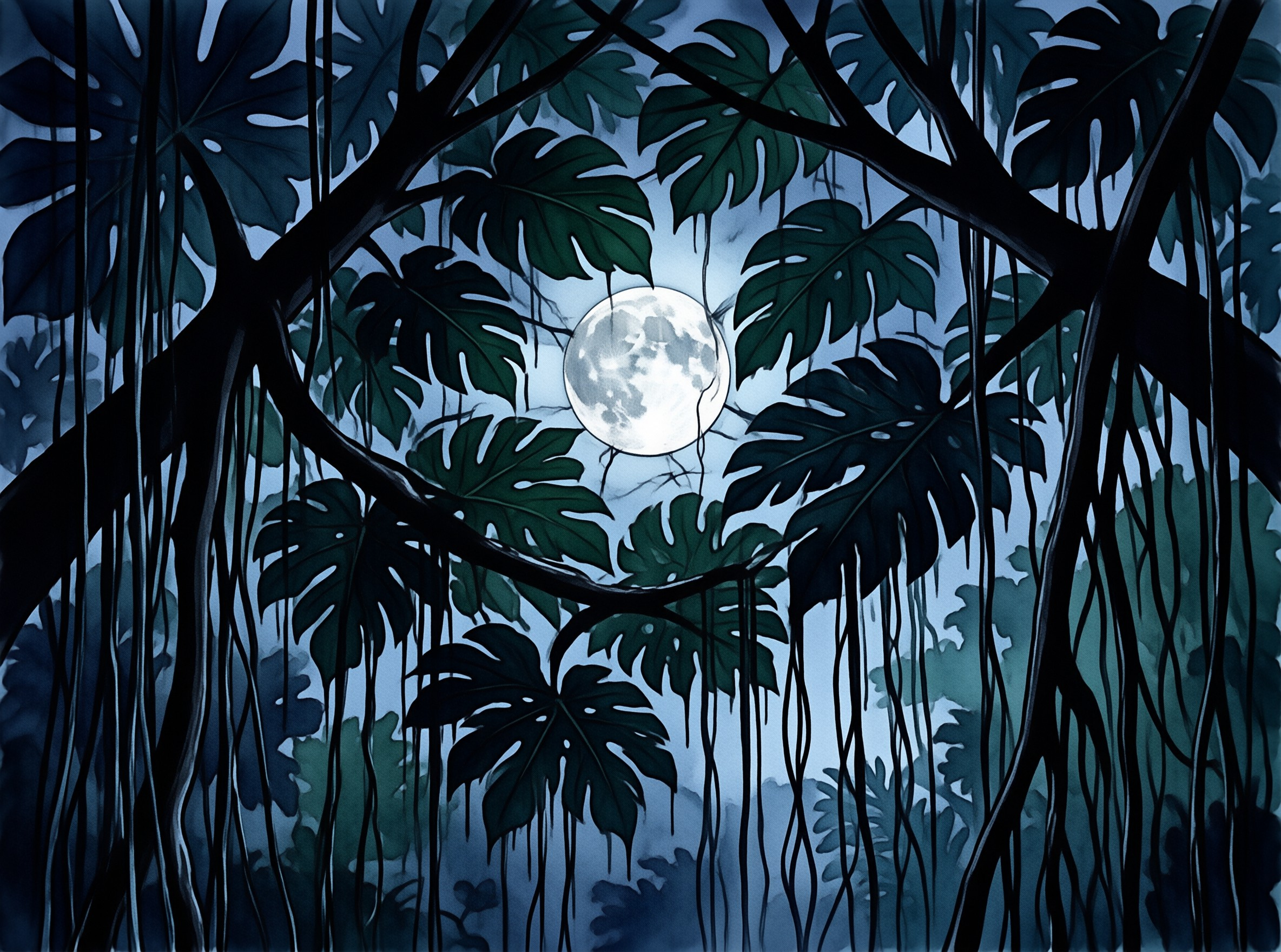 A bright full moon glows through dark monstera leaves and dangling vines in a deep blue night.