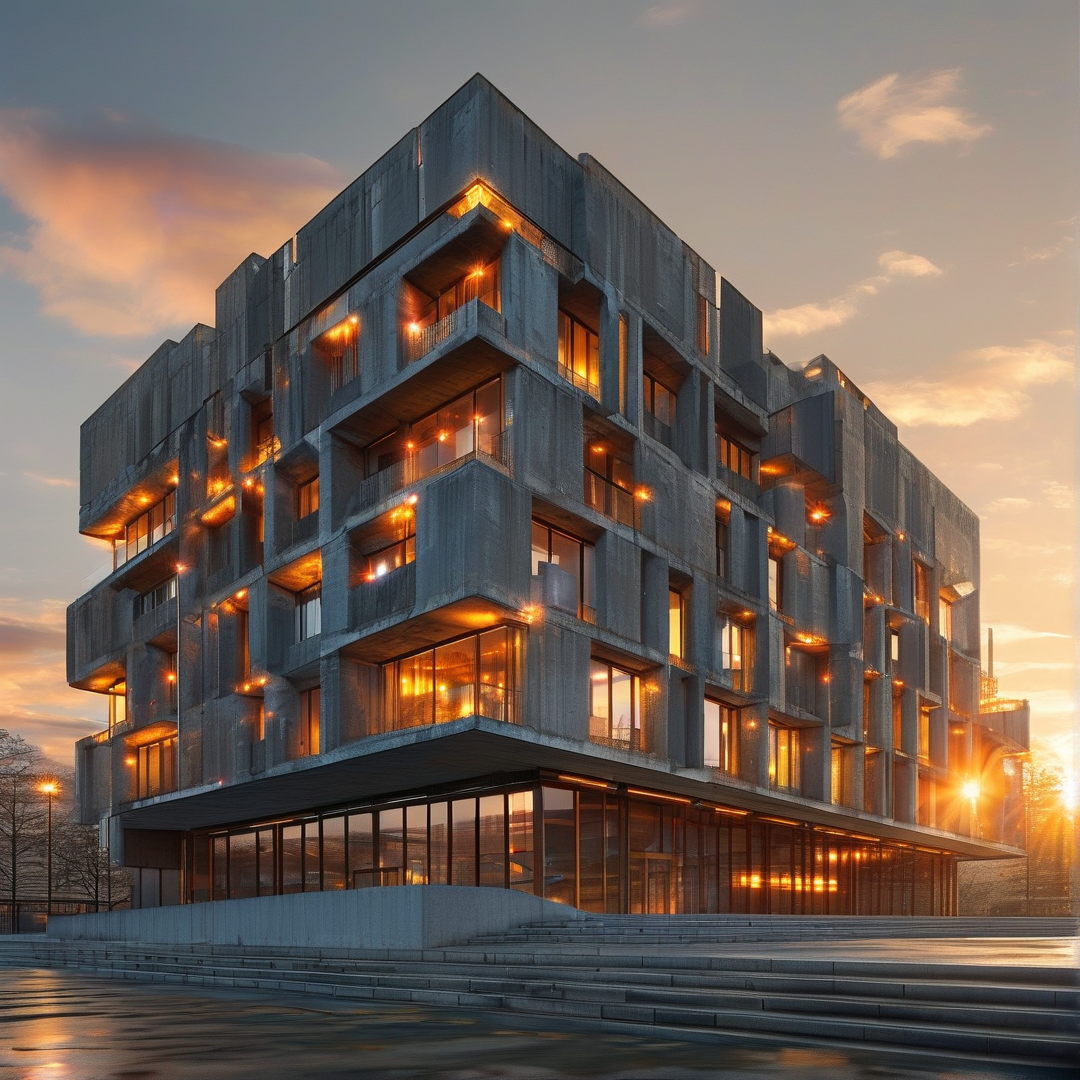 Brutalist Building at Sunset