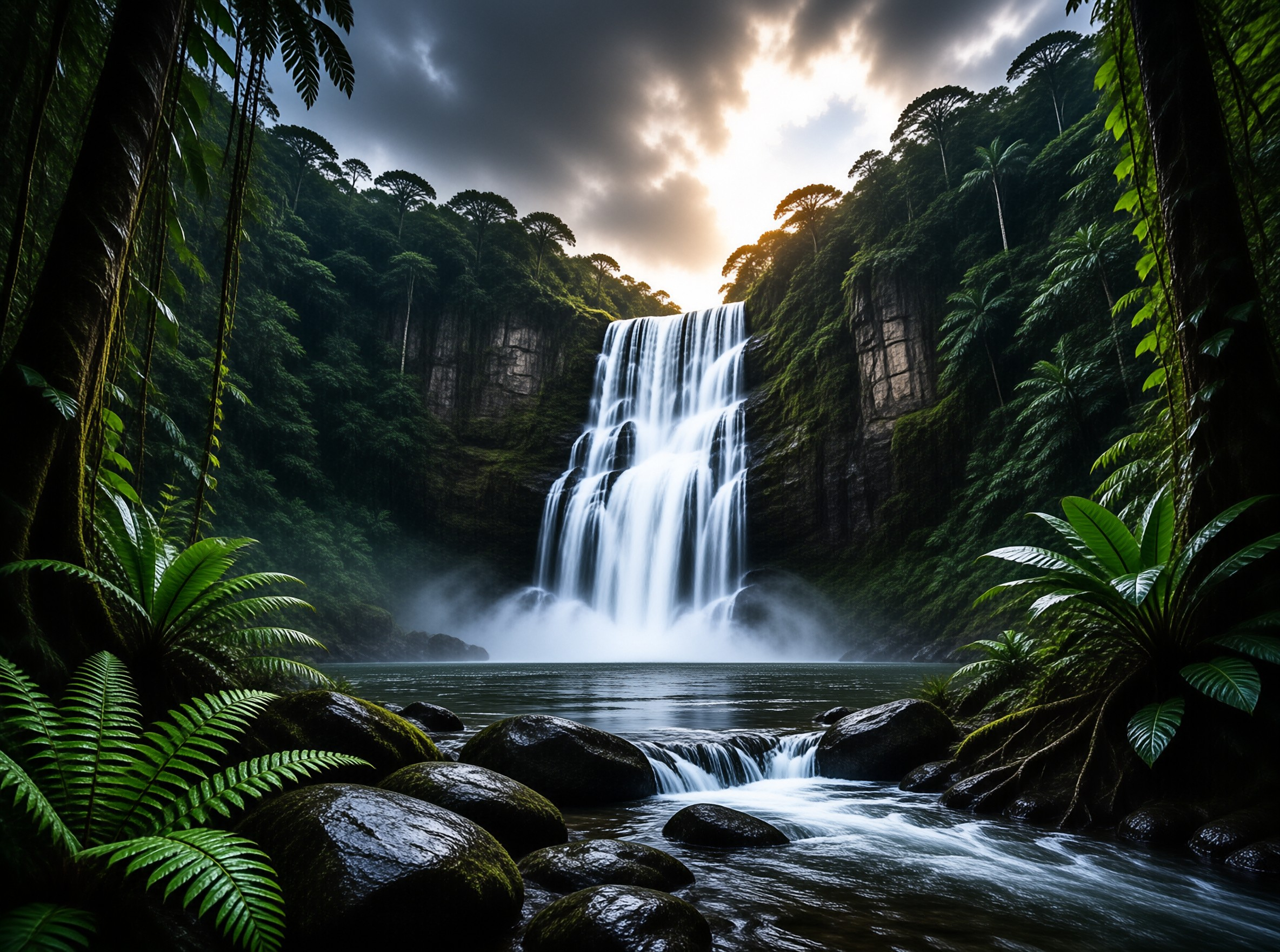 A wide cascade thunders through mossy cliffs into a dark pool ringed by ferns and boulders under storm light