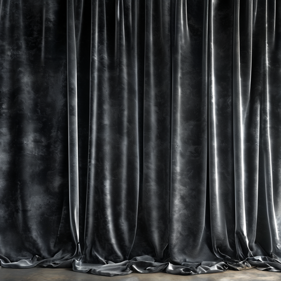 Dark grey velvet fabric hangs in deep vertical folds with bright highlights running down the smooth surface.