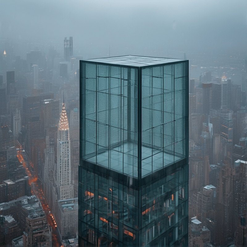 A modern glass building with an empty upper box dominates a hazy cityscape featuring a distinct spire and dim lights.