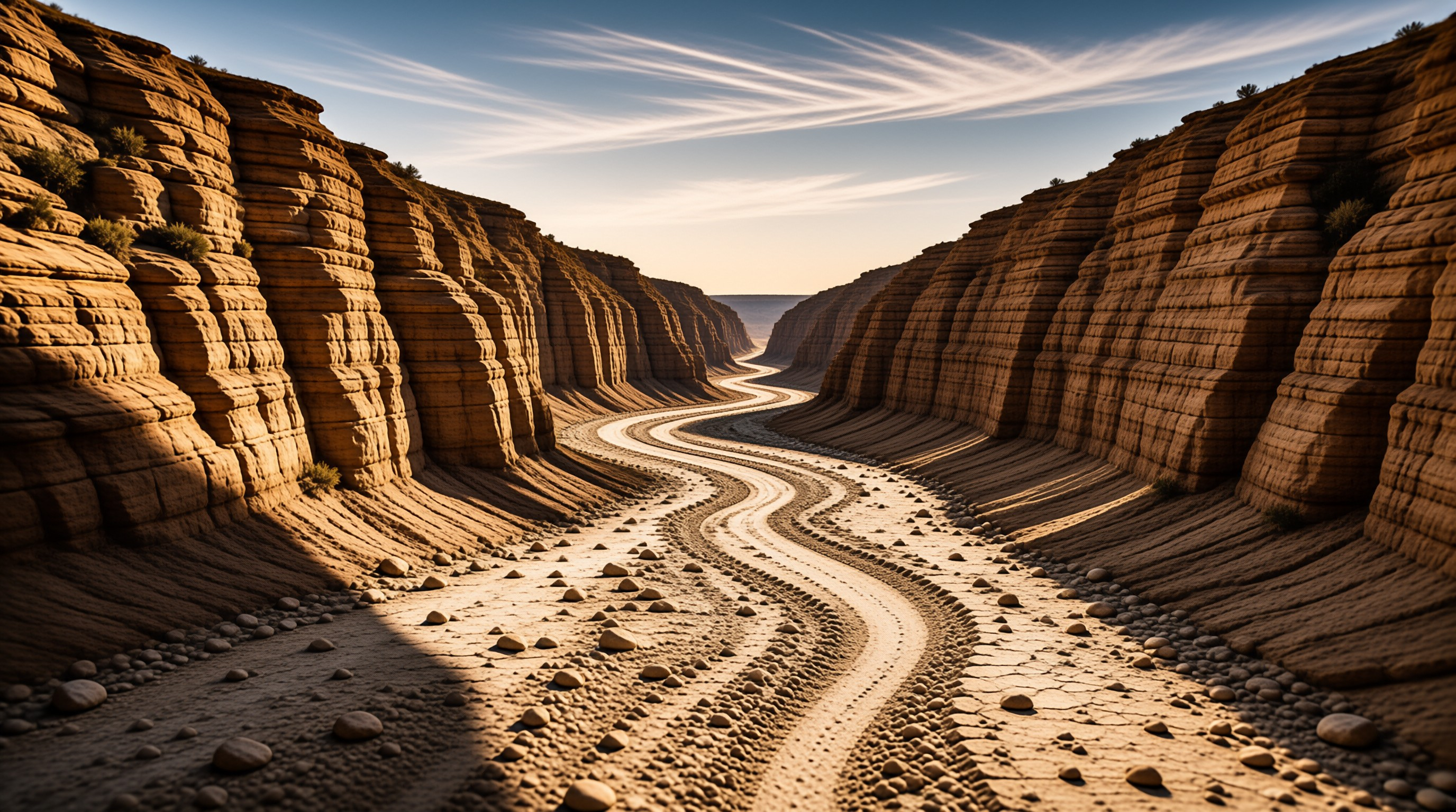 A narrow desert wash of pale pebbles curves between tall layered rock walls, lit by warm sun under streaks of high cloud.