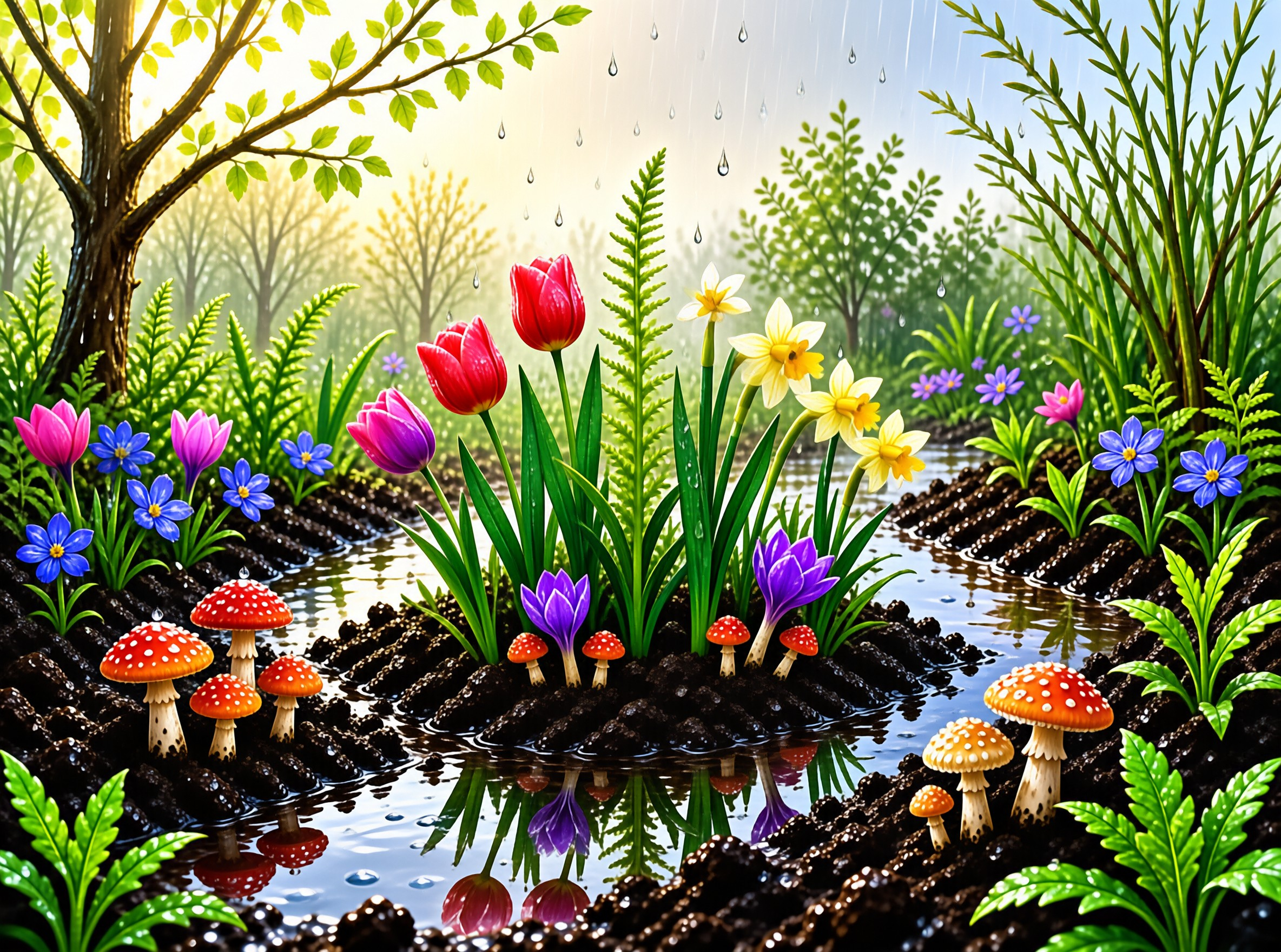 Lush Garden in Rain