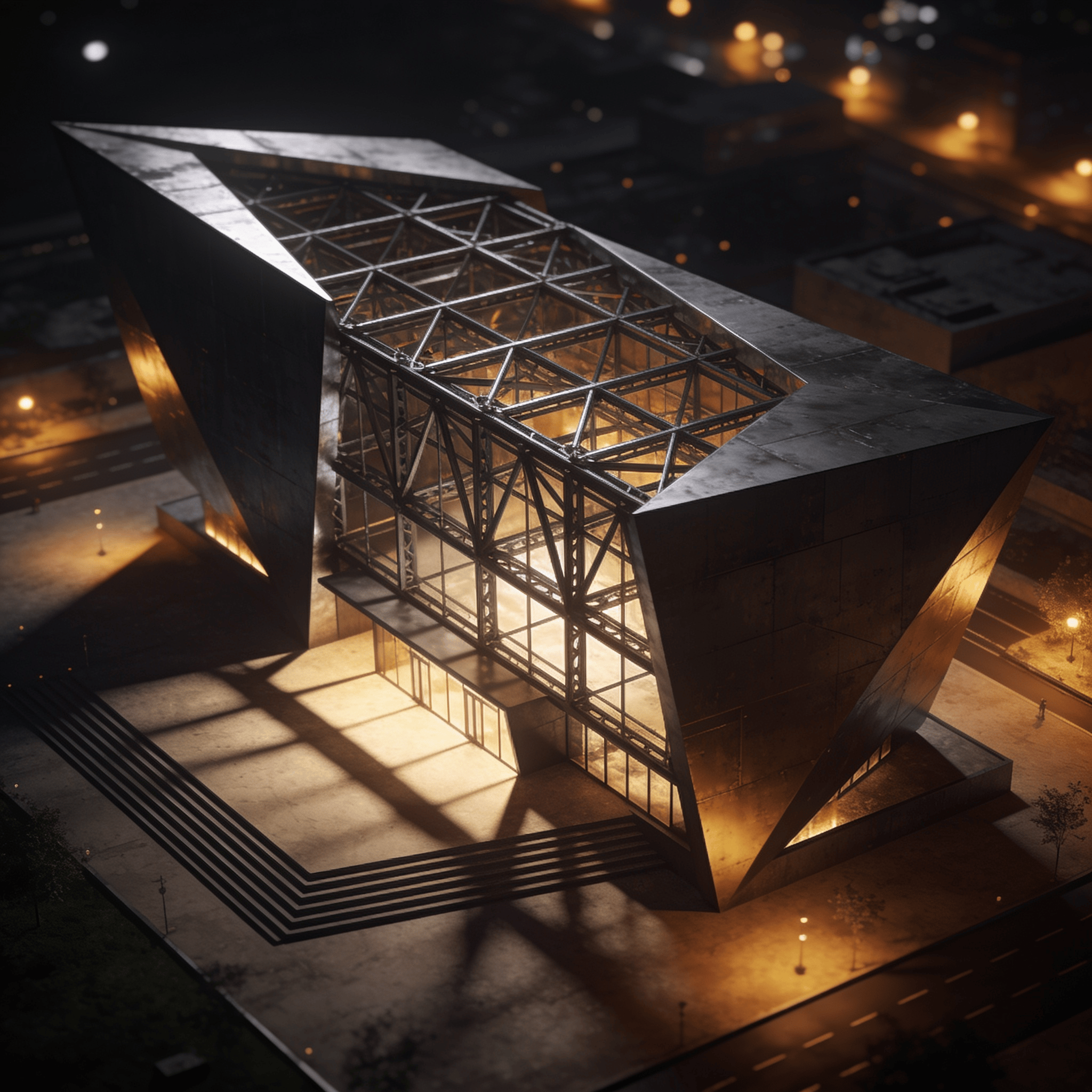 Cultural Center with Steel Frame — Night With Warm Lights